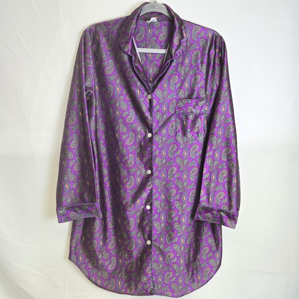 Private Moments New York Long Sleeve Paisley Satin PJ Top, Purple, Large Vintage